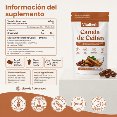 CanelaPura Vitalbeth™ Canela de Ceilán — Equilibrio Glucémico Avanzado 7200mg